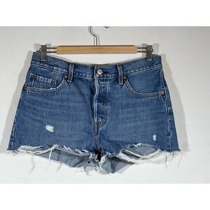 Levis 501 Womens Jean Shorts Size 29 Blue Denim Distressed Red Tab
